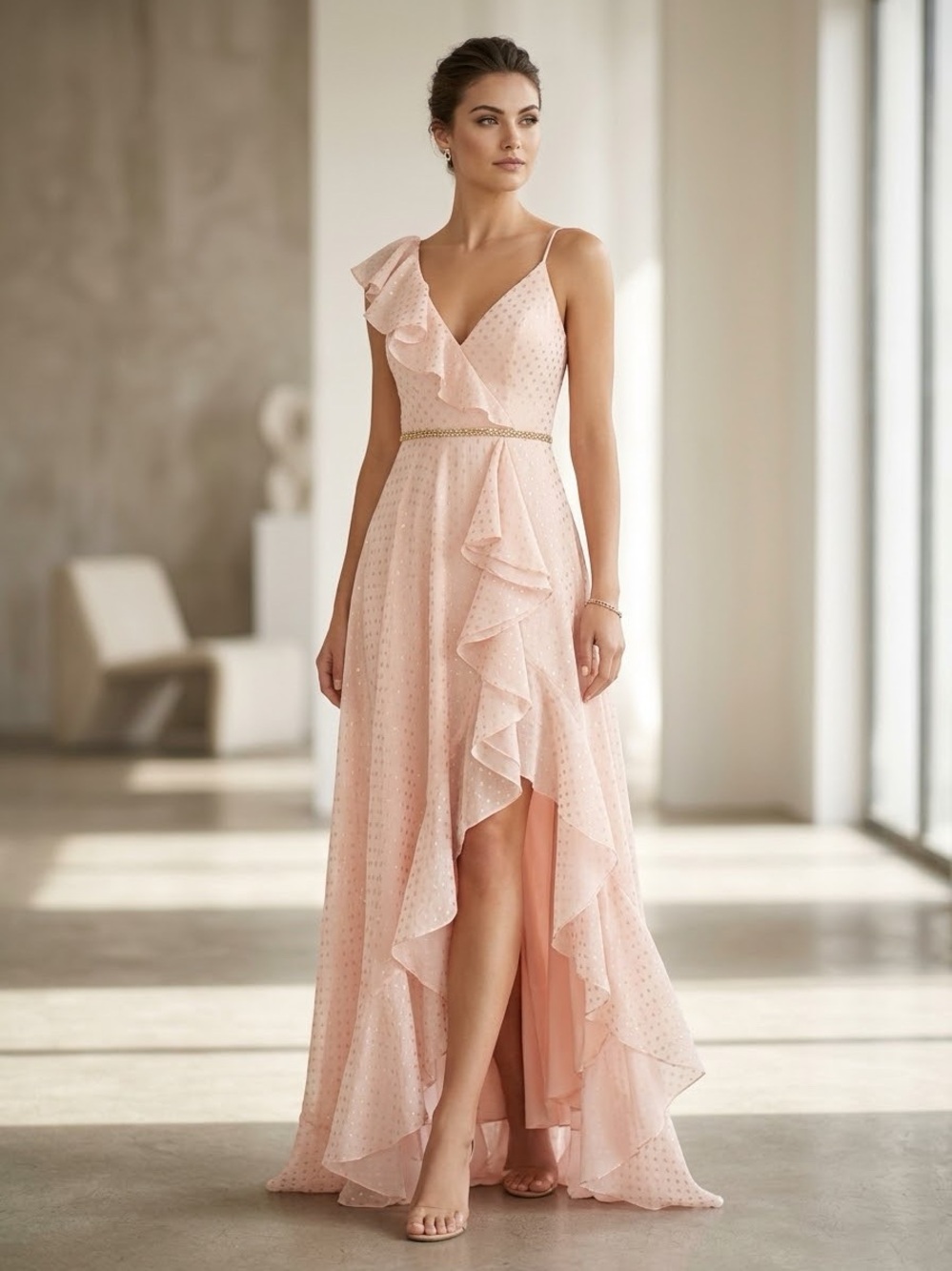 MAC DUGGAL Pink Salmon Polka Dot Asymmetrical Ruffle Formal Maxi Gown Size 8